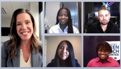 Best Buy CEO Corie Barry chatted with Teen Tech Center students and mentors at the Best Buy Charity Classic, the Best Buy Foundation’s signature fundraising event.